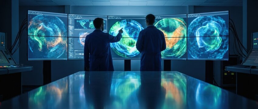 Two male scientists in blue lab coats analyzing complex data visualizations on a large video wall in a futuristic mission control center with a reflective table in the foreground
