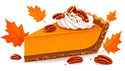 A slice of pumpkin pie, decorated with whipped cream, pecans and autumn leaves