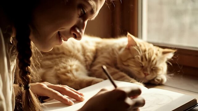 Young woman with a braid drawing in a sketchbook next to a sleeping orange tabby cat on a sunlit windowsill.
