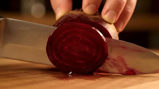 A close-up shot of a hand using a sharp knife to slice a vibrant red beet on a wooden cutting board, revealing its concentric rings.