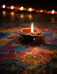 Traditional clay oil lamp (diya) glowing on a vibrant, colorful decorative pattern, illuminating a festive spiritual background.