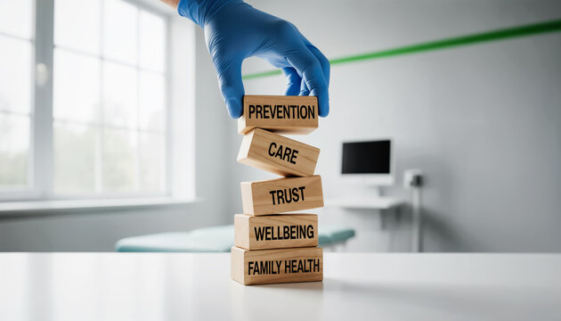 A hand wearing a blue medical glove stacks wooden blocks with words related to health and well-being in a modern medical consultation, symbolizing prevention, care, and trust. With the text, family he
