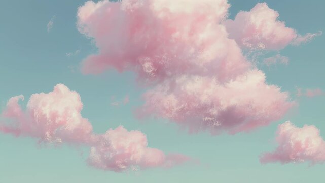 Soft pink clouds drift across a pale blue sky, creating a dreamy, ethereal atmosphere