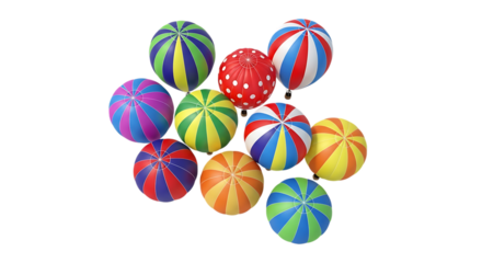 Cheerful collection of bright, striped, and dotted inflatable spheres, offering a versatile visual for various playful themes, isolated in a high-resolution PNG format