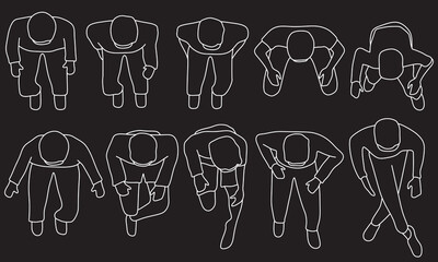 Naklejka premium Sitting men, top view, body postures, resting and reclined, plan, different poses, customizable stroke, vector