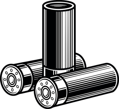 Three Shotgun Shells Standing and Lying Down in Black and White Vector Illustration