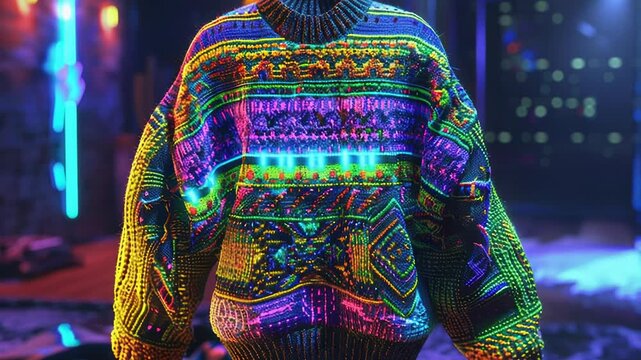 A person is sitting or standing in a dimly lit room, wearing a vibrant and bright colored sweater