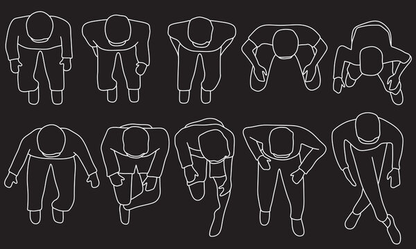 Sitting men, top view, body postures, resting and reclined, plan, different poses, customizable stroke, vector