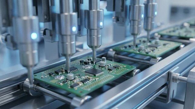 Automation Symphony: A close-up view of an automated production line, meticulously assembling electronic circuit boards with precision and efficiency.