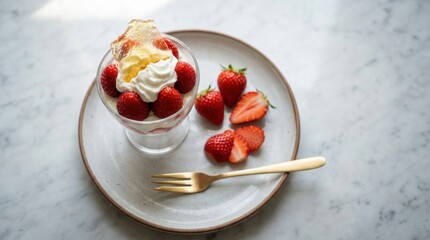 Gourmet strawberry cream dessert in a glass with whipped cream and a caramel crisp on a rustic plate with a golden fork, elegantly styled on a marble surface