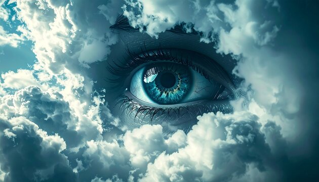 Surreal close-up of a vibrant blue human eye peering through fluffy white clouds in a vast, ethereal sky, rendered in a dramatic, dreamlike artistic style. surrealism