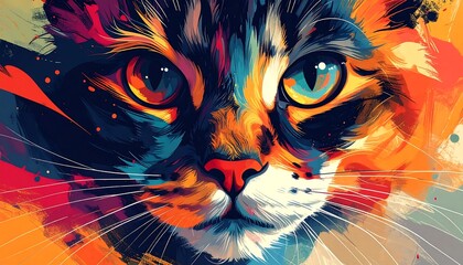 Close-up view of a cat's face with vibrant, abstract paint strokes and intense eyes