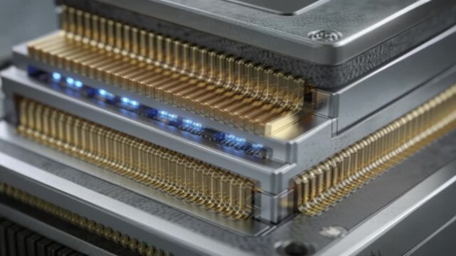 Macro orbit around stacked AI accelerator modules with gold heat‑sink fins shimmering under shifting side‑lights and rhythmic micro‑LED indicators.