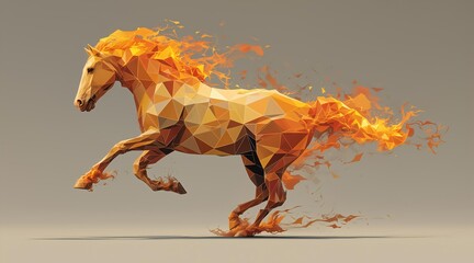 Abstract horse in geometric low poly style with flame mane and tail. Dynamic digital art representing power and speed. Creative graphic.