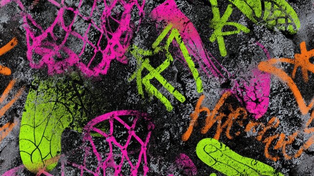 urban graffiti street art, seamless pattern of urban graffiti overlapping spray-painted tags, stencil designs of basketball hoops, sneaker footprints, and player silhouettes neon palette on cracked