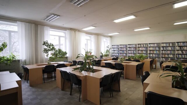 Empty Reading Hall in Public Library

