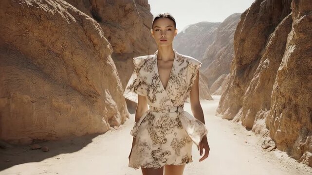 Woman in an ornate dress walks through a canyon with light and shadow interplay 