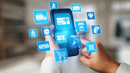 Digital gift card icons show e-commerce, payment, and digital gift card redemption. Digital gift card supports online shopping, secure payment, and customer loyalty programs. Gist