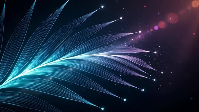 Abstract glowing blue fiber lines forming a digital feather with neon particles, perfect for futuristic technology backgrounds