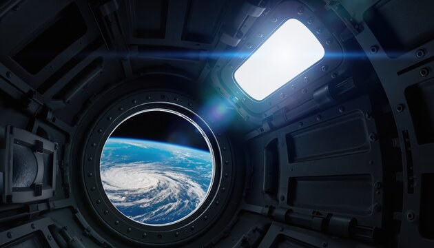 Dark futuristic spacecraft interior with a porthole window showing planet Earth and a massive hurricane from orbit, with a bright light flare from an overhead window