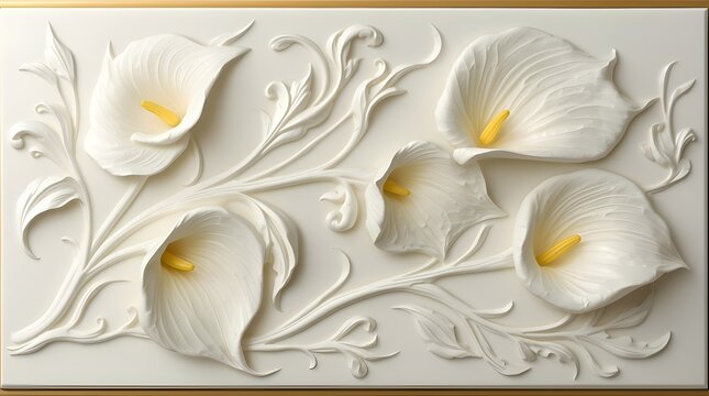 Decorative white Calla Lily flowers are featured in a bas-relief wall art design, contributing an elegant aesthetic to interior spaces.