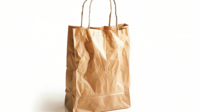 A brown paper bag sits on a white background