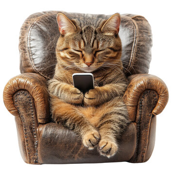 Tabby cat sitting on an armchair and holding a phone, isolated on white transparent background