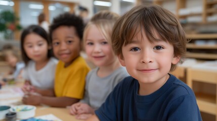 Obraz premium Group of preschool children participating in art and craft activities, surrounded by paint, glue, and creative supplies, showcasing the joy of artistic expression in early childhood development.