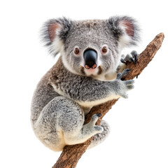 A koala clings to a branch isolated on transparent background