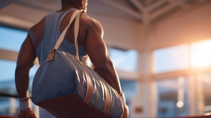 A boxer entering a boxing gym, carrying a sports bag, signifies the start of a rigorous workout routine, embodying the commitment and discipline required in competitive sports and boxing training.
