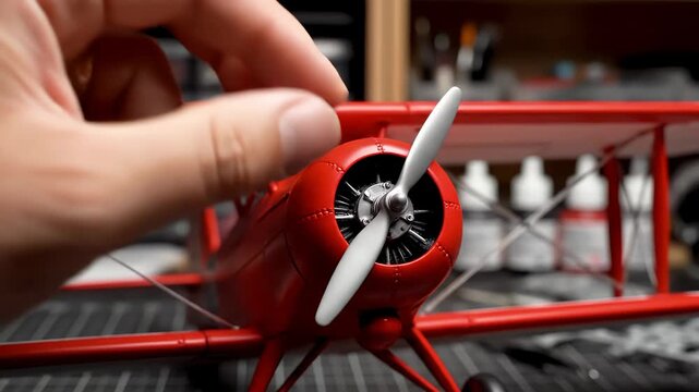 A hand adjusts the propeller of a meticulously crafted red biplane model, showcasing the intricate details of the hobby.