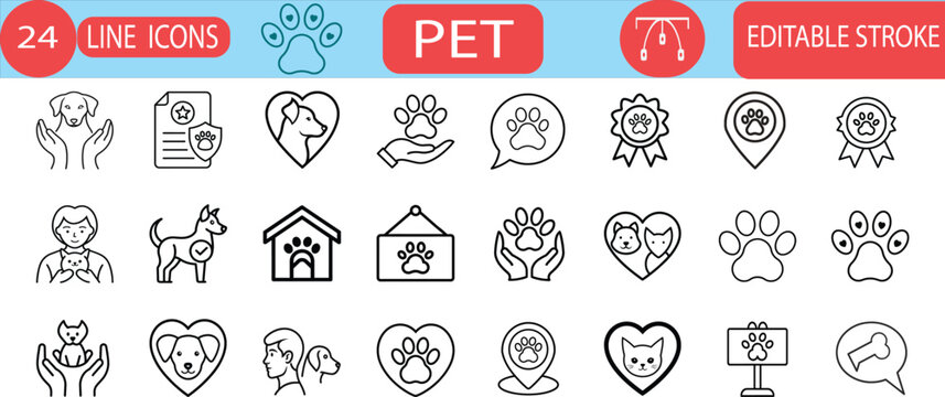 Pet care line icon set, domestic dog and cat, paw print protection, animal shelter house, veterinary insurance, adoption love, and more vector illustration with editable stroke.
