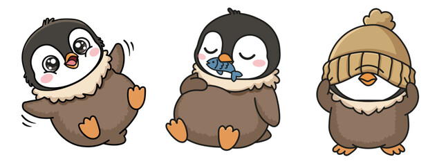 Set of three cute cartoon penguins illustrating different emotions: happy waving, eating fish, and hiding under a beige knit hat, perfect for winter stickers and graphics for children. © viklyaha