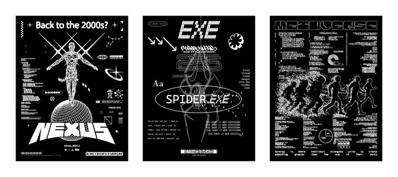 Tech Posters Cyberpunk in Monochrome Brutalism Style with Glitch Typography. Sci-fi posters set with wireframe figure, glitch text, data UI elements. Tech grunge for streetwear. Vector graphic set