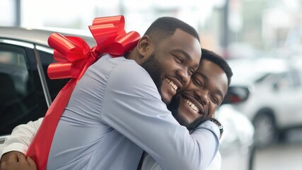 Two men embracing each other in front of a vehicle, great for emotional scenes and human interest stories