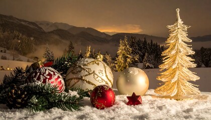 Festive Christmas Ornaments and Tree with Snowy Mountain Backdrop.