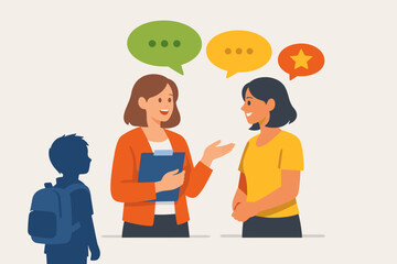 Parent-teacher conference with educator, parent, and child discussing progress