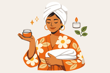 Young african female relaxing in spa with skincare products and candles