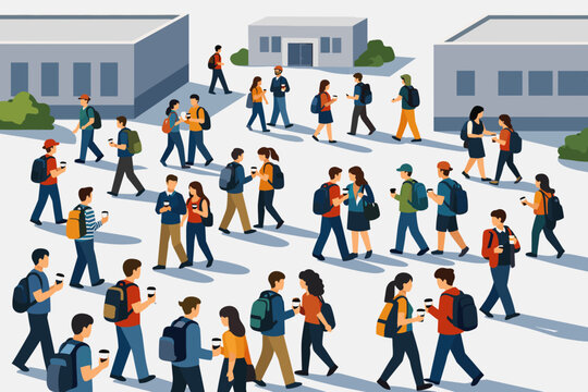 Diverse college students walking on campus pathway in casual attire
