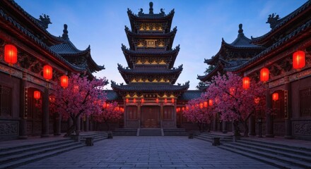 Fototapeta premium Tranquil dusk scene; courtyard, ornate multi-tiered structure, cherry blossom trees, lanterns