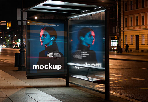 Urban Bus Stop Lightbox Mockup with Glass Reflection at Night