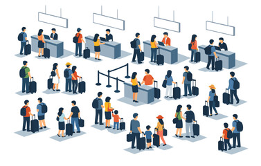 Diverse groups of travelers waiting in airport lines