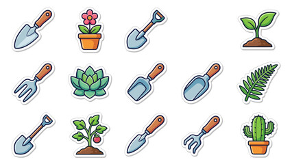 Obraz premium Gardening tools and plant icons set. Colorful sticker collection with shovel, trowel, rake, potted cactus, succulent, flower, and leaves. Cute spring and botanical vector design elements