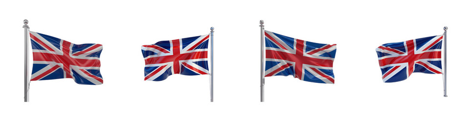 Collection for Four united kingdom flags on poles waving isolated on transparent background