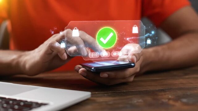 Hands use a smartphone with a glowing holographic interface to complete an online shopping transaction, showing a shopping bag and checkmark.
