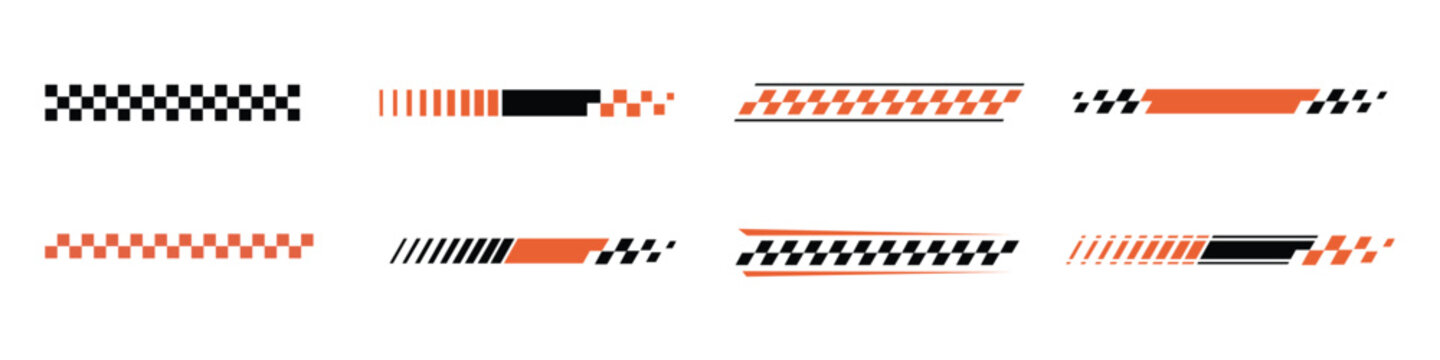 Racing stripes and checkered flag elements icon set for sports and automotive designs. speed, finish line motorsport symbol. vector illustration.