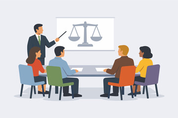 Fototapeta premium Diverse team in business meeting discussing legal presentation with male presenter