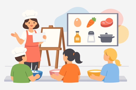 Female chef teaching cooking class to diverse children with ingredients visual aid
