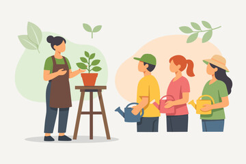 Obraz premium Diverse group learning gardening techniques from female instructor with plants