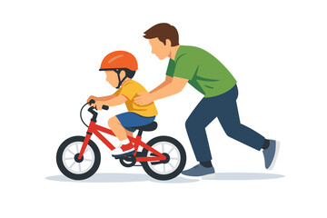 Naklejka premium Caucasian male adult teaching child to ride bicycle outdoors